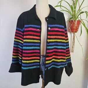 Vintage‎ Wool Rainbow Stripe Cardigan Sweater L Black Collar
